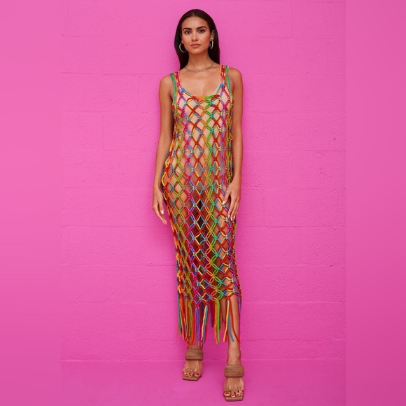 Pitusa Macrame Tassel Dress Rainbow One Size Stretchy Cover Up Beach Vacation - Picture 1 of 11